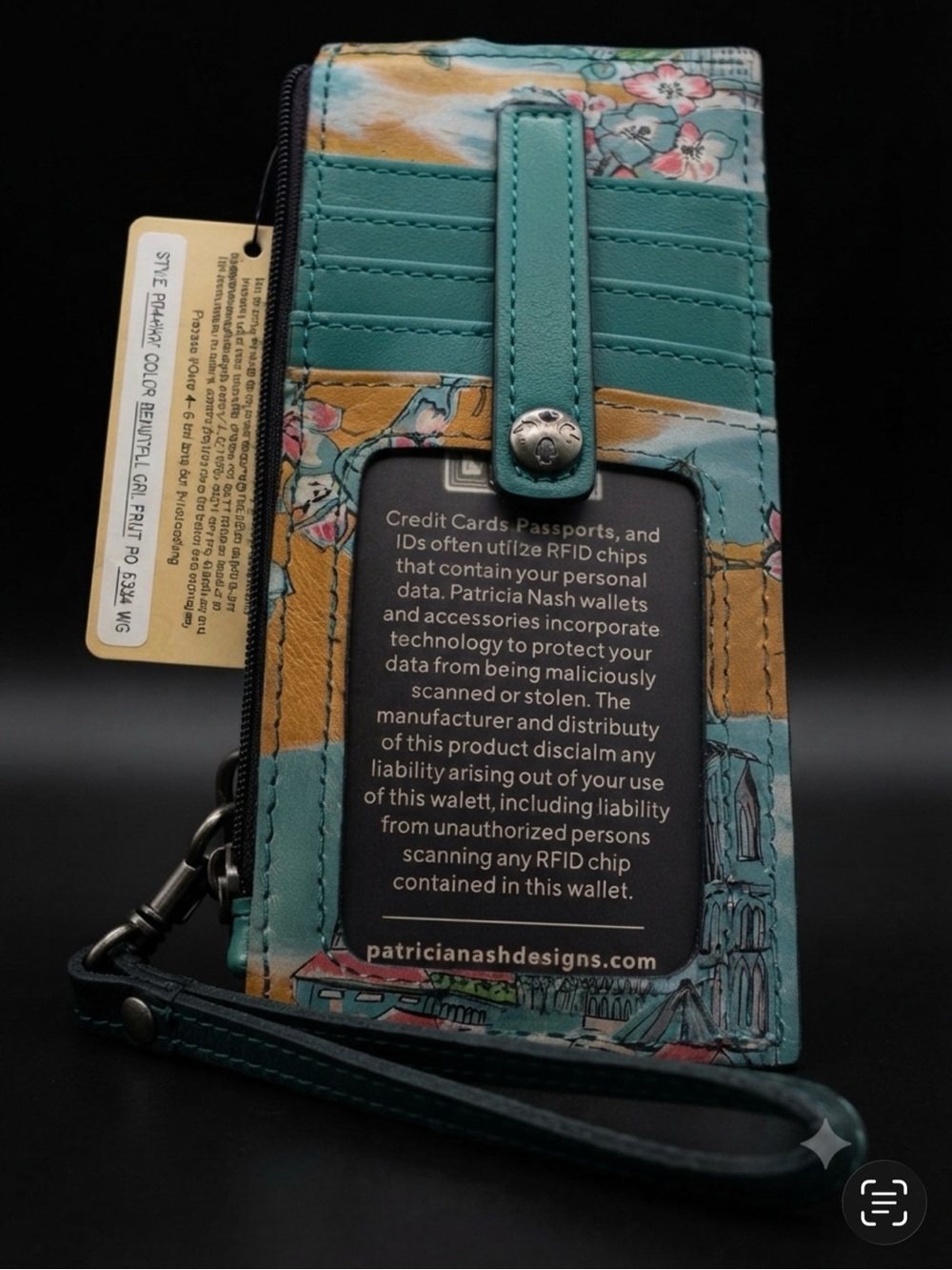 Patricia Nash Teal Floral RFID Phone Wristlet with Yellow Accent